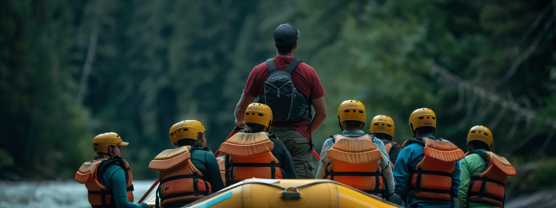 a group of rafters attentively listening to their guide before hitting the rapids.