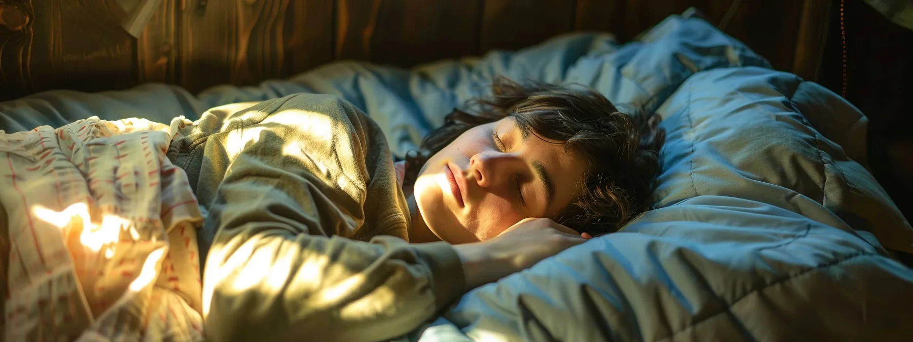 a person lying in a comfortable bed, eyes closed and peacefully sleeping before a big whitewater rafting adventure.