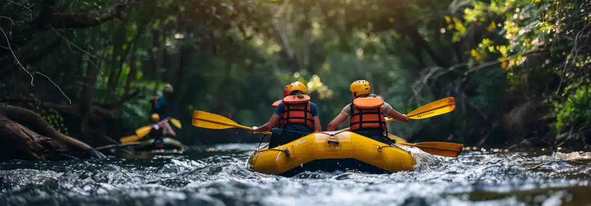 a family with helmets and life jackets paddling down a fast-moving river in a raft