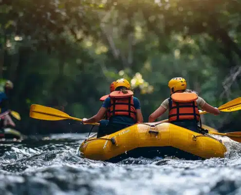 a family with helmets and life jackets paddling down a fast-moving river in a raft