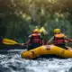 a family with helmets and life jackets paddling down a fast-moving river in a raft