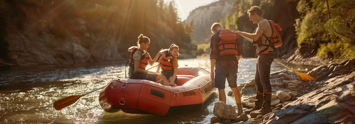 a family checking the safety gear and holding onto paddles next to a raft on a riverbank, getting ready for a whitewater rafting adventure