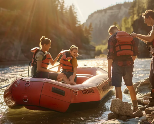 a family checking the safety gear and holding onto paddles next to a raft on a riverbank, getting ready for a whitewater rafting adventure