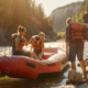 a family checking the safety gear and holding onto paddles next to a raft on a riverbank, getting ready for a whitewater rafting adventure