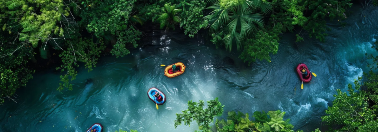 a group of people in colorful rafts navigating through turbulent waters surrounded by lush green trees