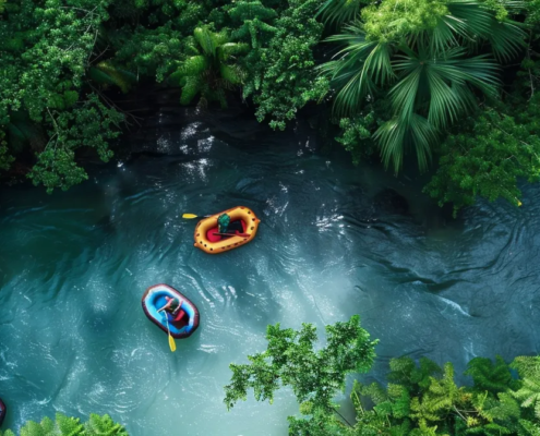 a group of people in colorful rafts navigating through turbulent waters surrounded by lush green trees